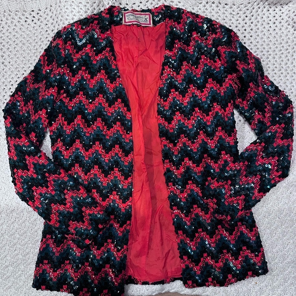 SOMETHING BY Oscar de la Renta vintage WOMENS  8 Black and Red Chevron Cardigan
